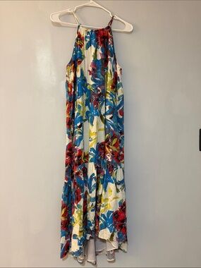 RACHEL Rachel Roy White High-Low Halter Maxi Dress with Blue & Red Floral Print